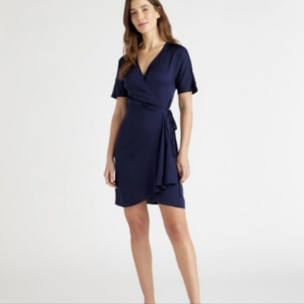 Quince Washable Stretch Silk True Wrap Dress Solid Navy Blue Short Sleeve M NEW